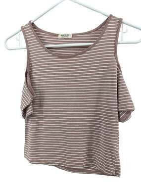 Heart & Hips Tan White Striped Short Sleeve Cold Shoulder Blouse